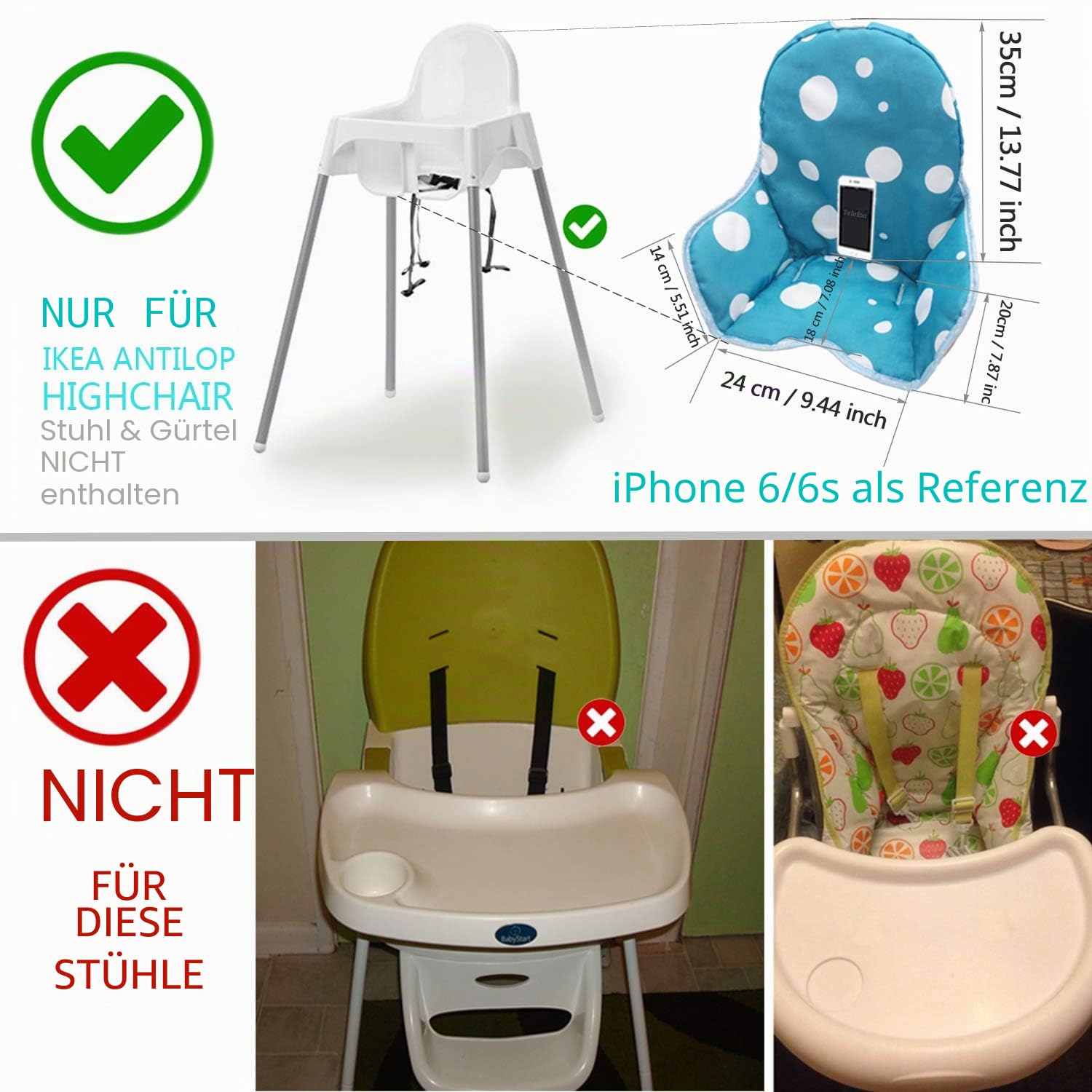 ZARPMA Sitzbezüge Kissen Kompatibel für Ikea Antilop Hochstuhl , Waschbar Faltbarer Baby Hochstuhl Bezug Kinder Sitz Covers Stuhlkissen(Blau)