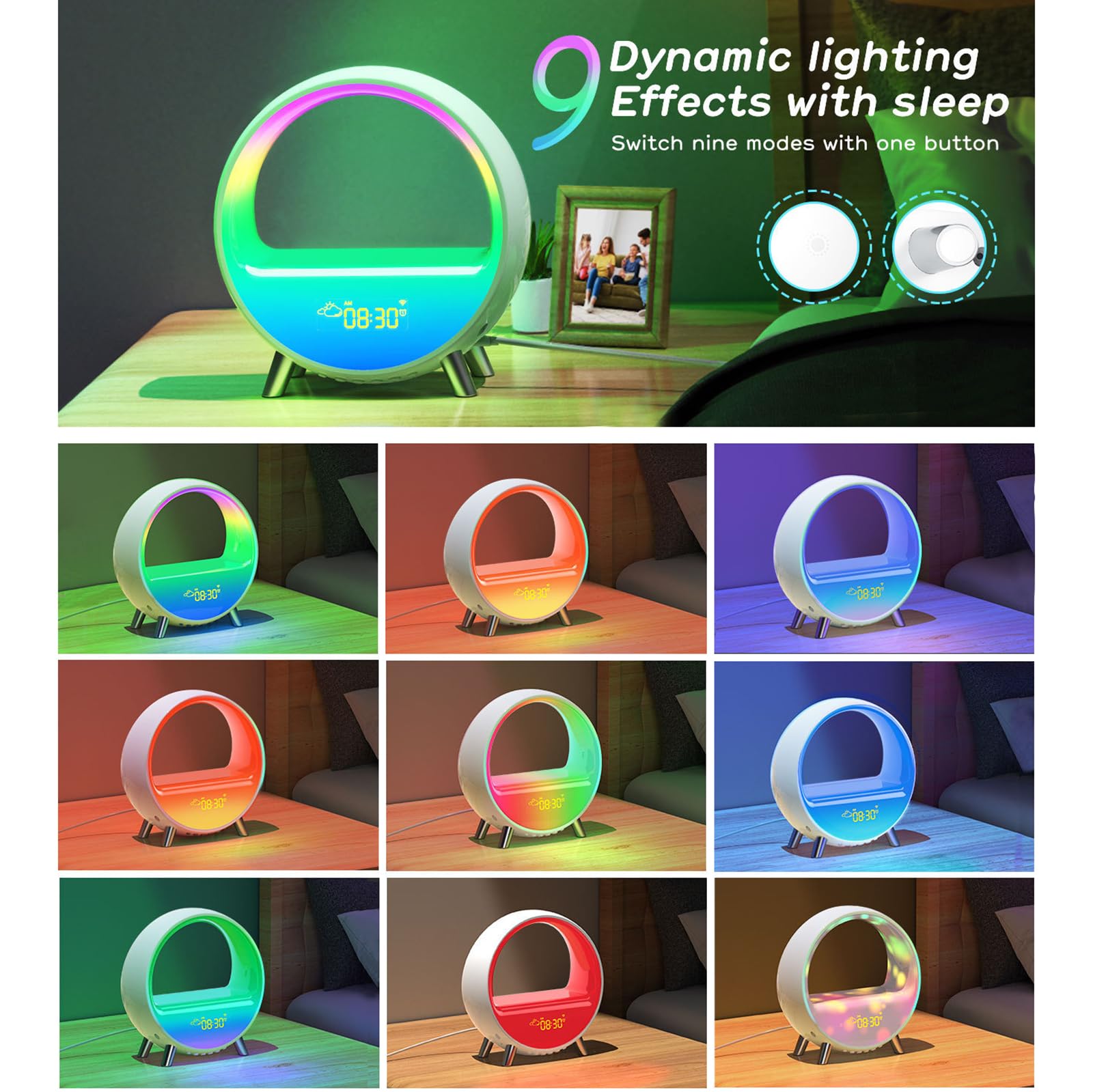 Lámpara de ambiente de ritmo inteligente, despertador de amanecer, luz de despertador, cargador inalámbrico, lámpara de noche, aplicación/voz/pulsador, reloj despertador de puesta de sol controlado