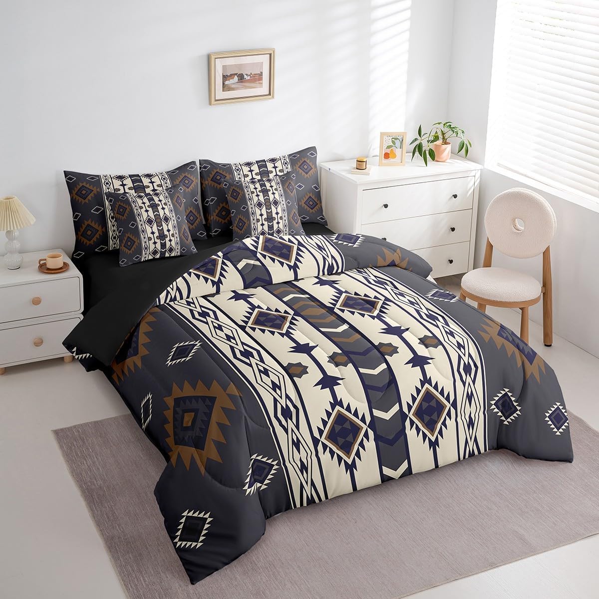 Erosebridal Aztec Geometric Queen Comforter Set with Sheets Vintage Western Boho Bedding Set 7 Piece Southwestern Ethnic Tribal Bed in A Bag for Boys Adults Men American Native Bed Set Black Brown - Image 3