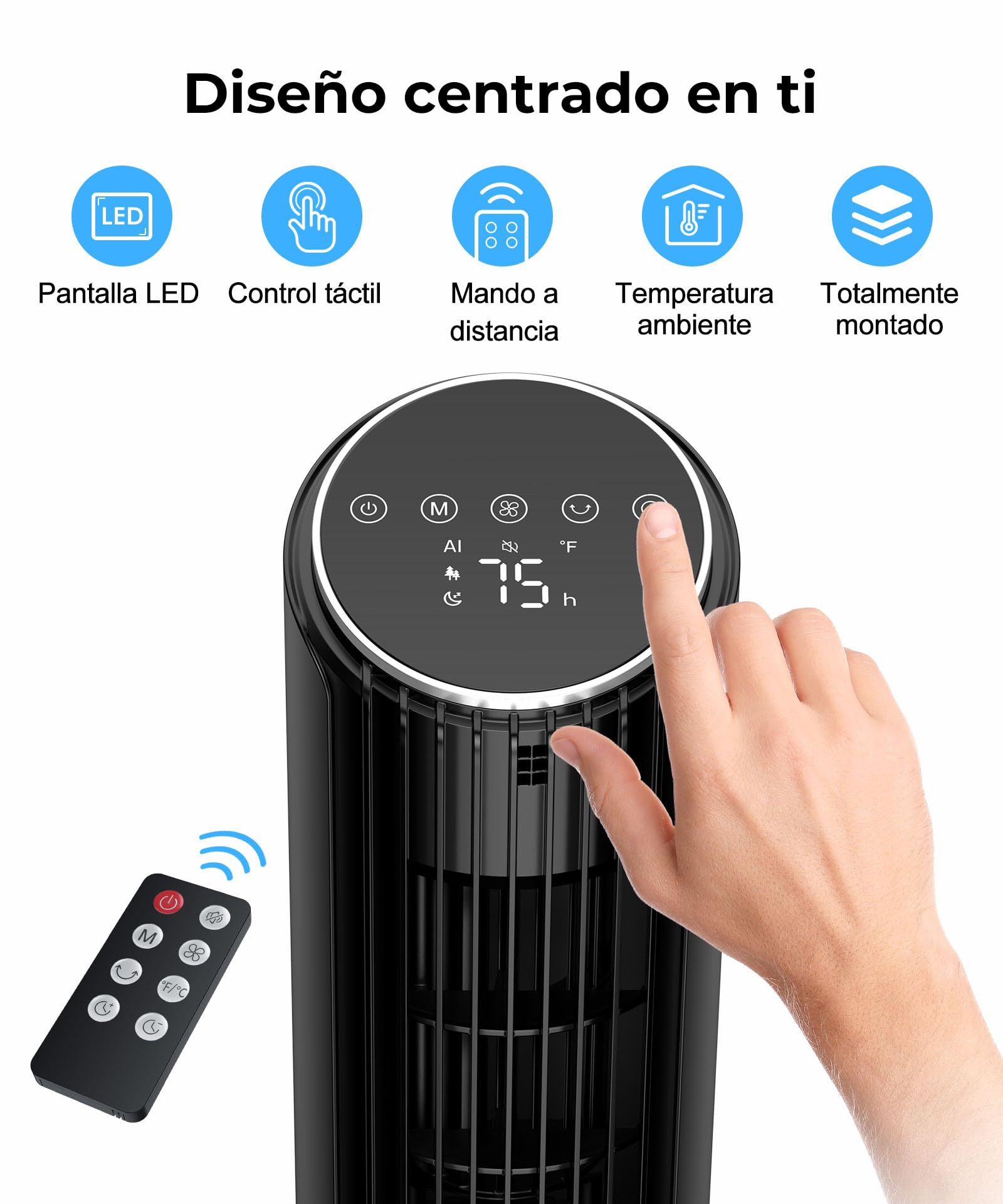 PNTCK Ventilador Torre con Mando a Distancia, 33 cm Ventilador Ultra Silencioso (24 dB) - 4 Modos y 4 Velocidades, Oscilación 70°, Temporizador 12H, Pantalla LED, Función Automática con Sensor