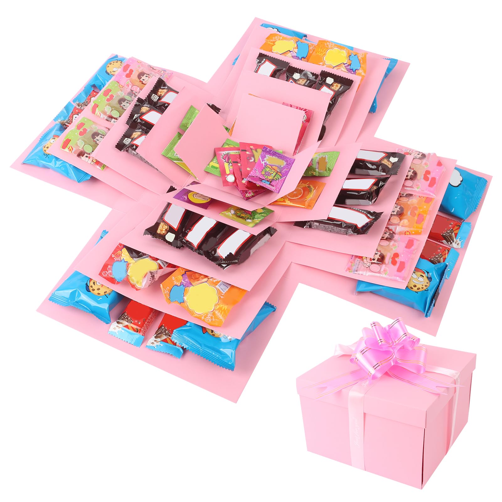Explosion Gift Box, 5 Layer Snack Explosion Box with Tape and Ribbon, Pink DIY Surprise Box Scrapbooking Boxes Photo Album Explosion Boxes for Birthday Anniversary Valentine's Day Wedding