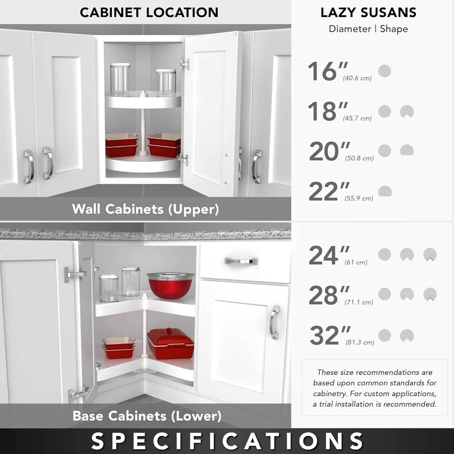Diagram showing Lazy Susan diameter and shape recommendations for wall and base cabinets