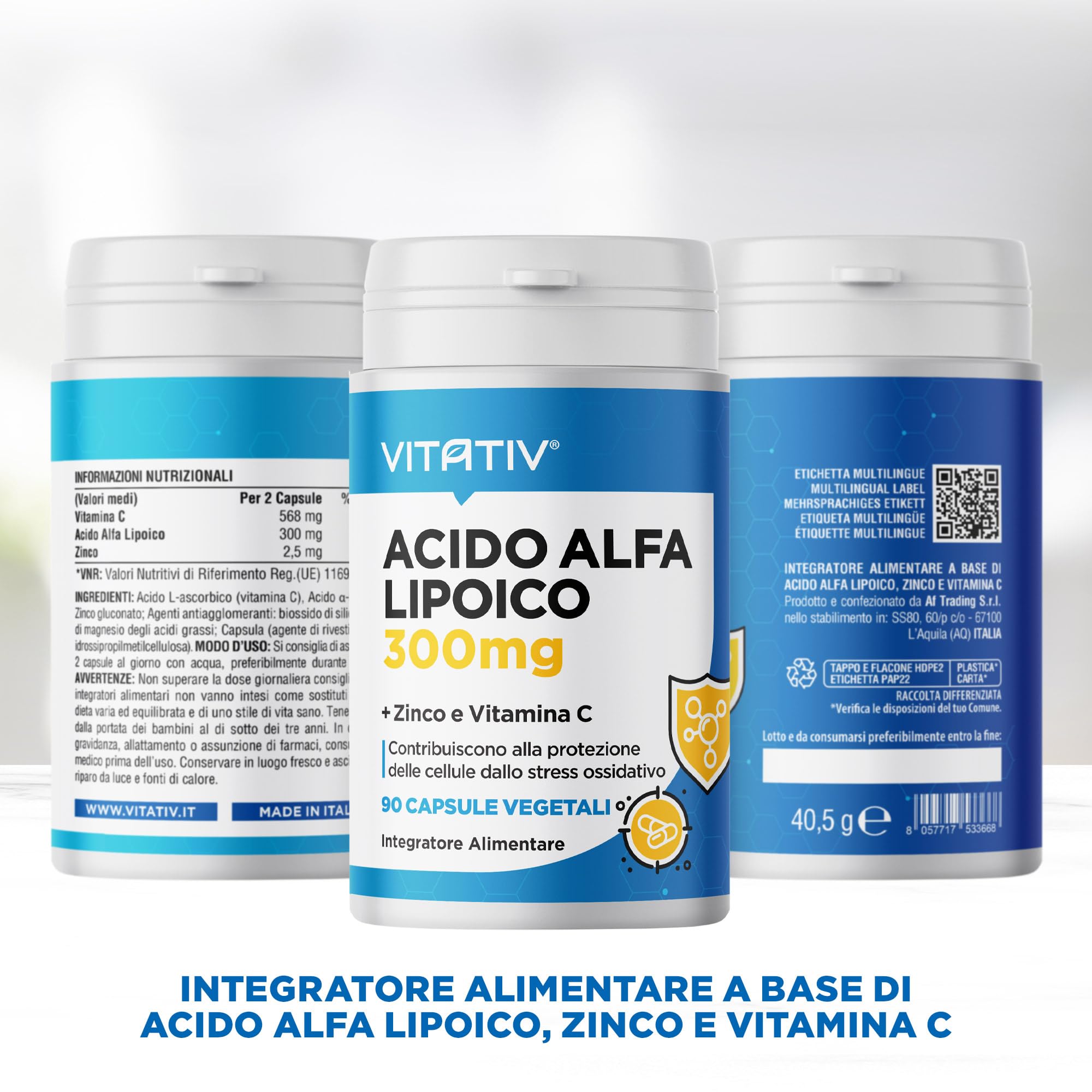 VITATIV Acido Alfa Lipoico ALA 300mg + Vitamina C e Zinco | Antiossidante | 90 Capsule Vegetali | Made in Italy