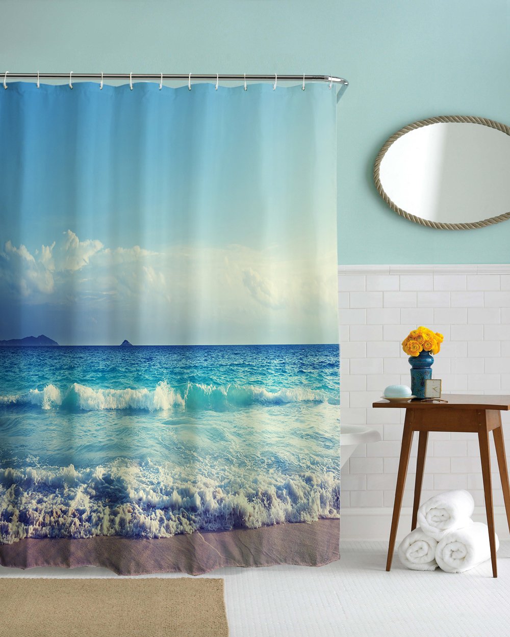 goodbath Extra Wide Shower Curtain,Ocean Beach Sea Waves Blue Sky Waterproof Mould proof Fabric Bathroom Curtains, 300 x 180 cm, Blue White Brown - Image 3