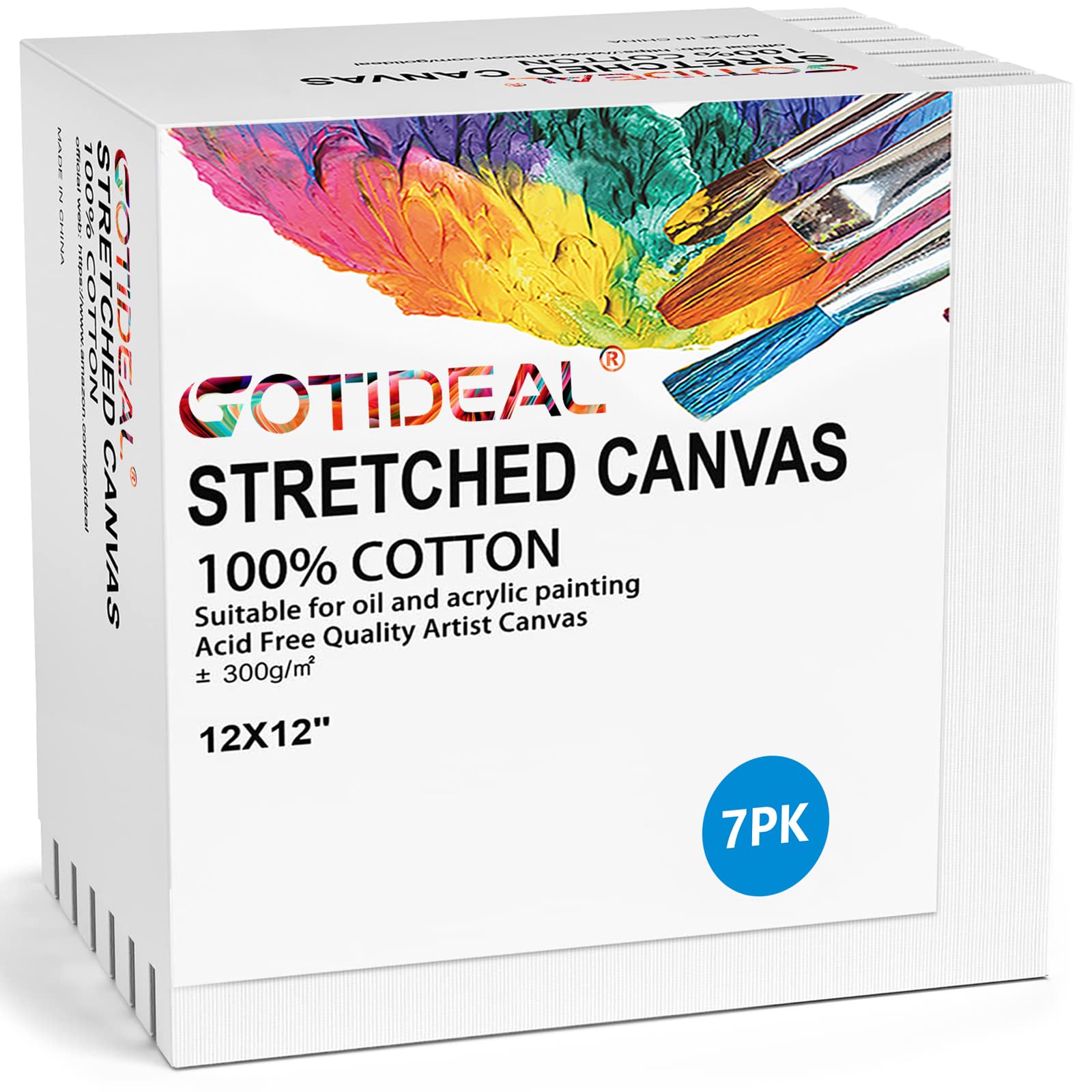 GOTIDEAL Lot de 7 toiles étirées à peindre - Blanc apprêté - 100 % coton - Pour peinture acrylique, peinture à l'huile et supports d'art secs et humides - 30,5 x 30,5 cm