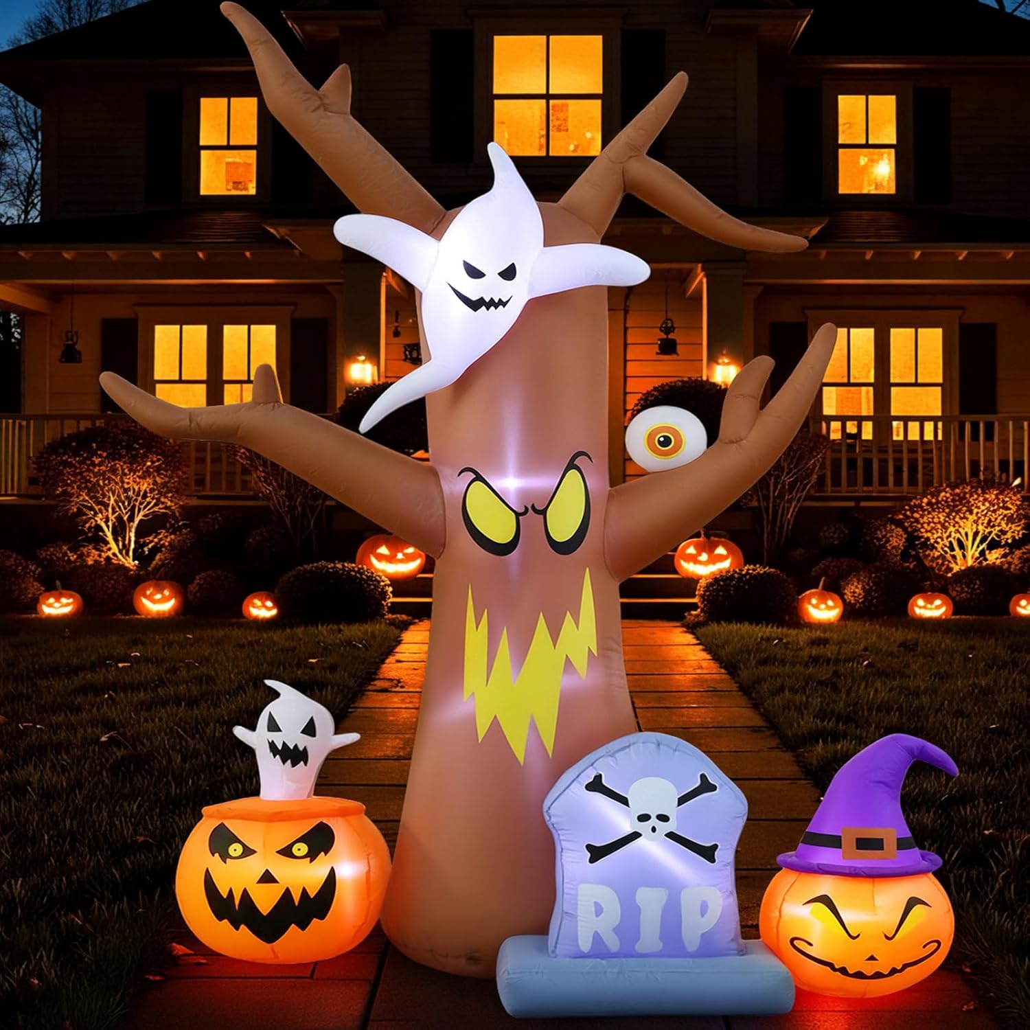 8FT Halloween inflatables Tree, Halloween Decorations Outdoor Blow Up Yard Scary Dead Tree with Pumpkin Ghost Tombstone Inflatable for Garden Lawn Indoor Party Decor