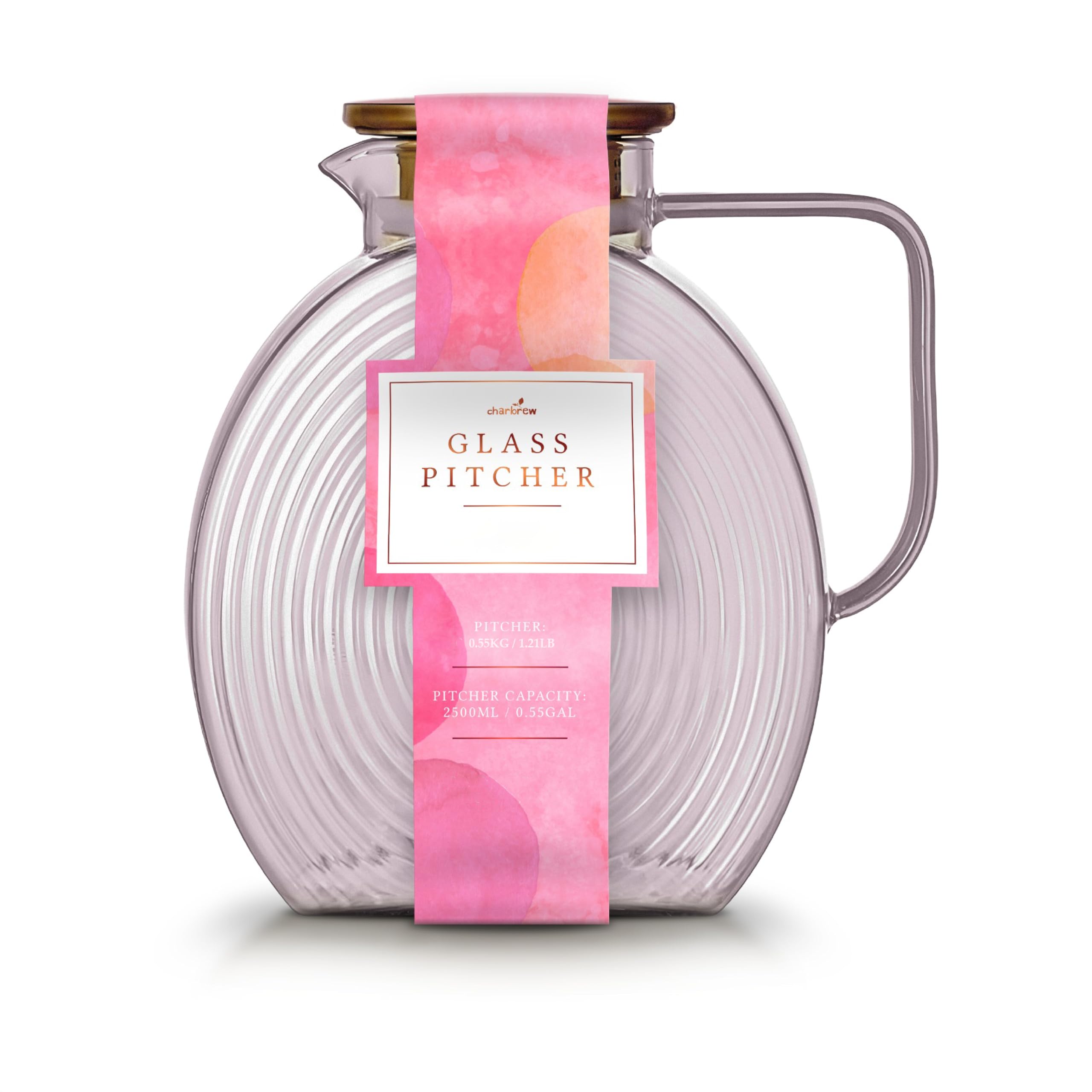 Charbrew Brocca in vetro borosilicato rosa da 2,5 l, con coperchio, caraffa a costine per acqua, succhi, tè freddo, birra fredda e cocktail, caraffa con manico adatta alla porta del frigorifero (serve