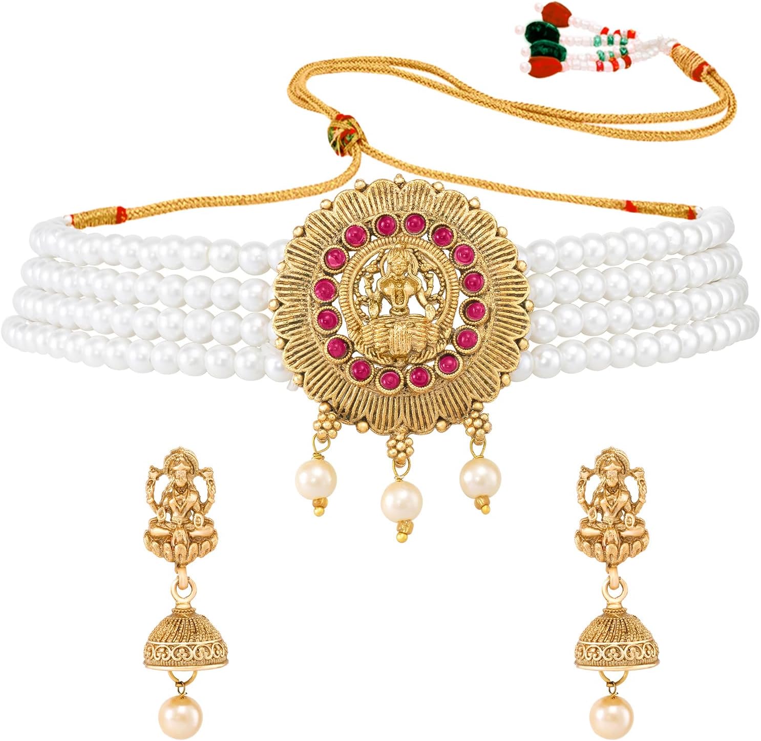 Aheli トラディショナルゴールドメッキチョーカーネックレス&amp;Jhumkiイヤリングテンプルジュエリーセット レディース