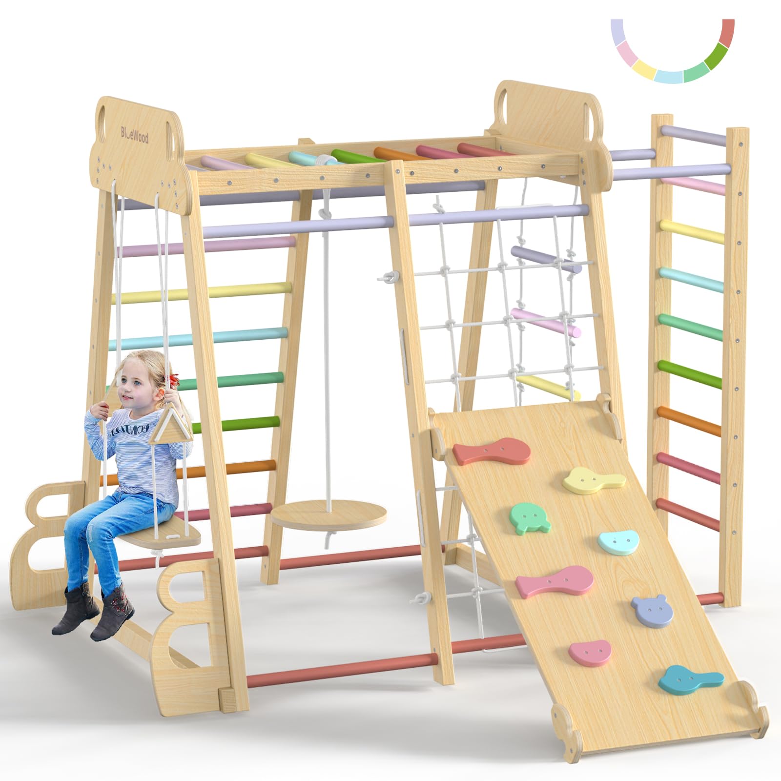 Upgraded Indoor Playground 9-in-1 Jungle Gym Kids Climbing Toys, Montessori Philosophy Waldorf Style Wooden Climber Playset with Slide, Swing, Monkey Bars, Upright/Rope Ladder, Climb Net, Rainbow