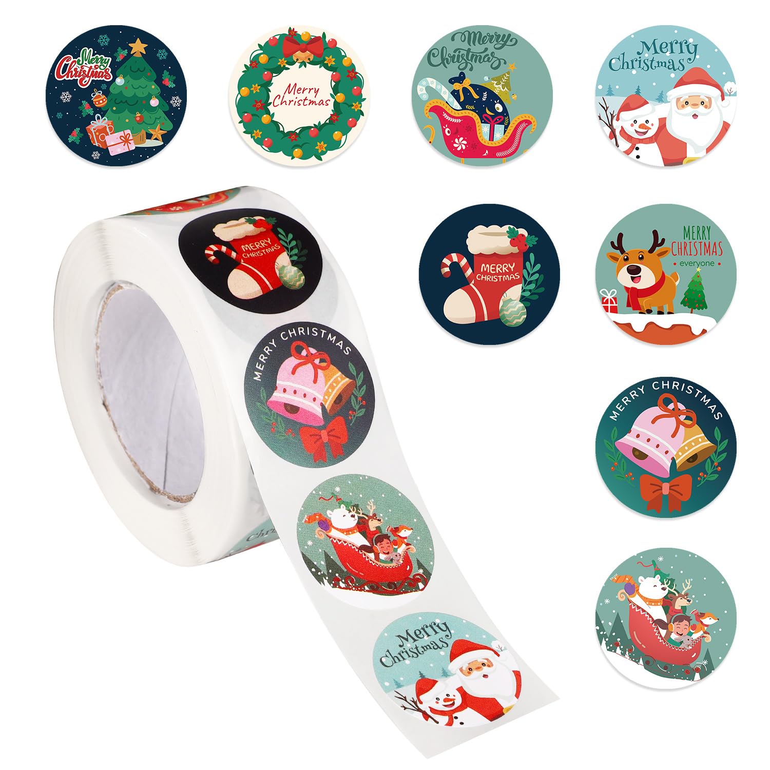 500pcs Christmas Stickers for Cards, Round Merry Christmas Envelope Tag Seals Stickers 8 Designs Self Adhesive Xmas Circle Stickers Label Roll for