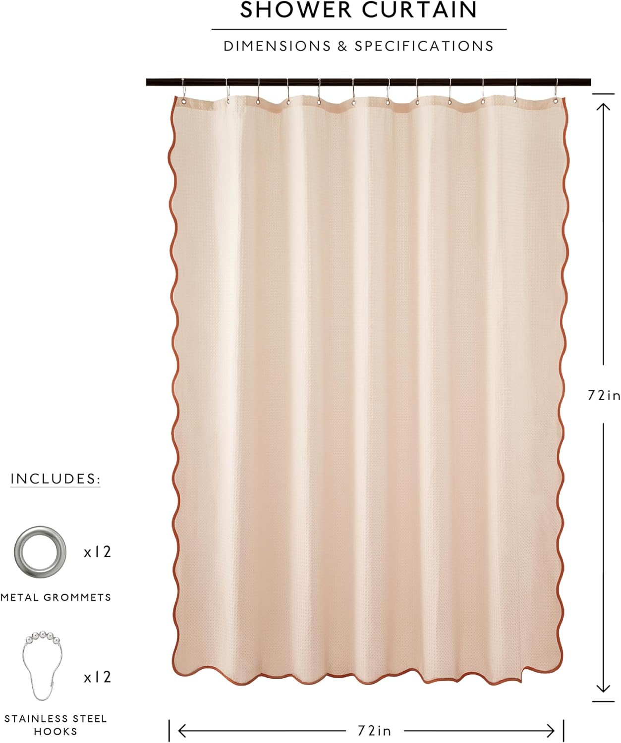 MONDAY MOOSE Scalloped Waffle Weave Shower Curtain with Rustproof Metal Grommet Holes for Bathroom, Machine Washable, Hooks Included (72x72 inch, Rust/Light Peach)