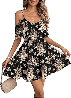 Women's Boho Floral Print Cold Shoulder Dress Short Sleeve Ruffle A Line Vacation Elegant Mini Dresses - Buy now