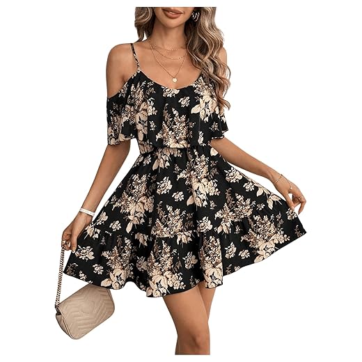 SOLY HUX Women's Boho Floral Print Cold Shoulder Dress Short Sleeve Ruffle A Line Vacation Elegant Mini Dresses