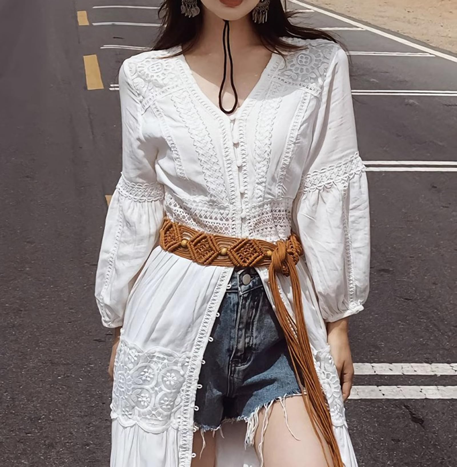 Donna Casual Button Down Abito da Spiaggia Ricamato Lungo Kimono Cardigan Costume da Bagno Copricostume Up