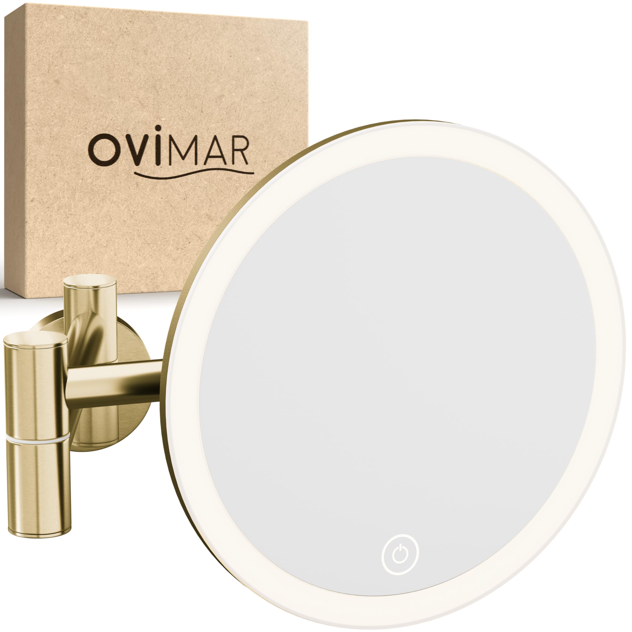 ovimar Espejo de Aumento Blavand Oro | con iluminación | Recargable | Montaje en Pared para taladrar | en el baño | Espejo de Aumento 5X | Espejo de Maquillaje con luz | Espejo de 360 ​​​​Grados