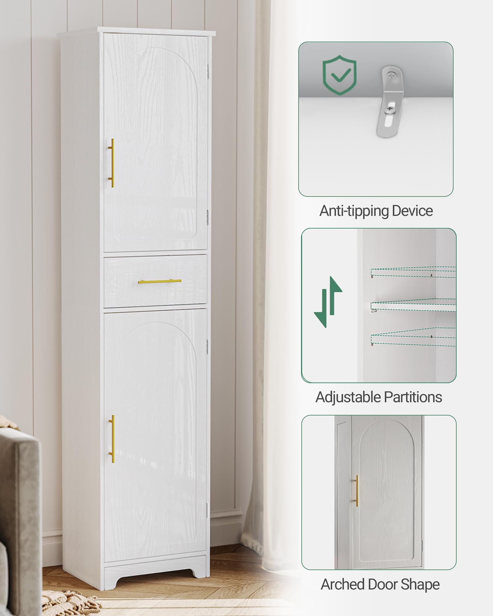 Hzuaneri Armoire de Salle de Bain, Armoire de Rangement avec 1 Tiroirs et 2 Portes, Grand Meuble Étroit, pour Salon, Chambre, Cuisine, Couloir, Blanc SC18303X