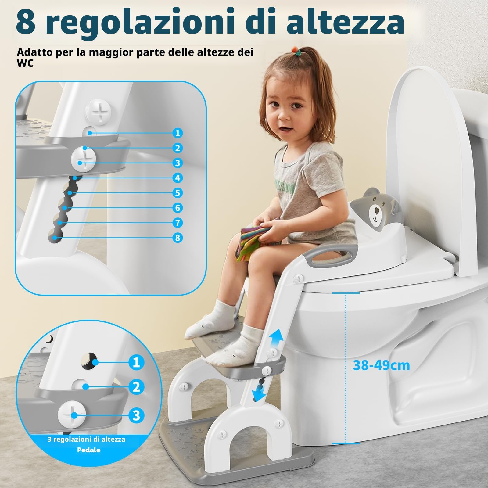 Sedile WC per bambini con scale, accessorio per WC aggiornato, per bambini e bambine, 2 in 1, con scale, regolabile in altezza, comodi sedili per WC sicuri, poggiapiedi per bambini