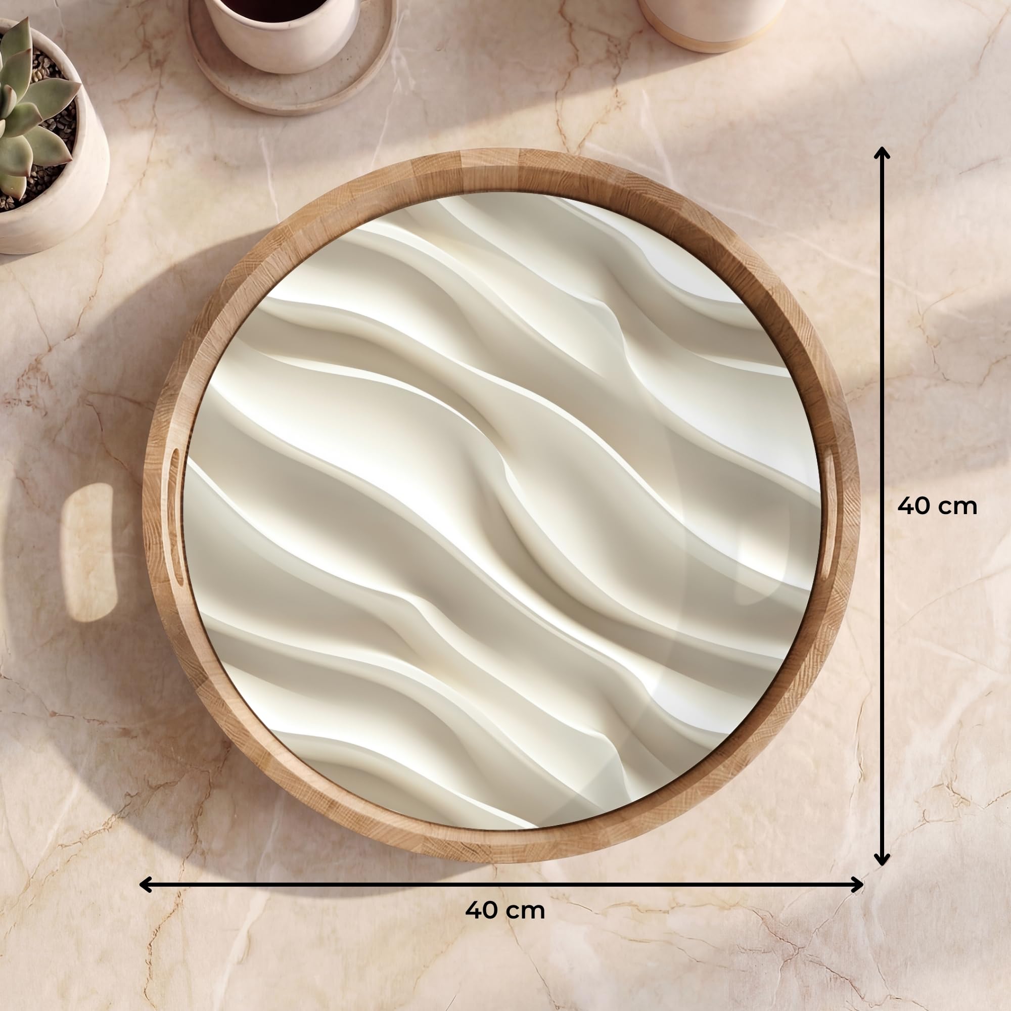 Tablett Rund 40x40 cm Serviertablett rutschfest Griff Küchentablett Servierplatte Eiche Holztablett Hitzebeständig Kaffeetablett Diagonal - Wellen - Creme