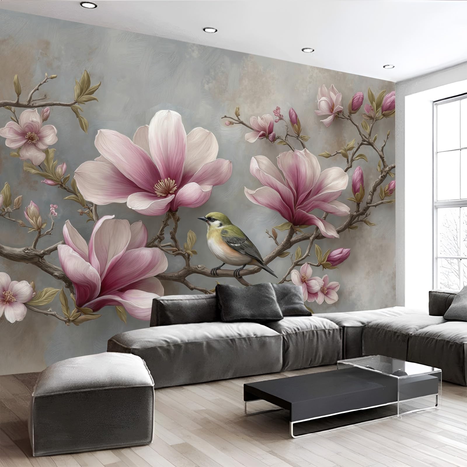Art Papel Tapiz Fotográfico Flores Magnolia Rosa 3D Papel Pintado 300 × 210 cm Decoración De Pared Sala Cuarto Póster Mural Para Sala De Estar Dormitorio Decoración, Rubor En Polvo