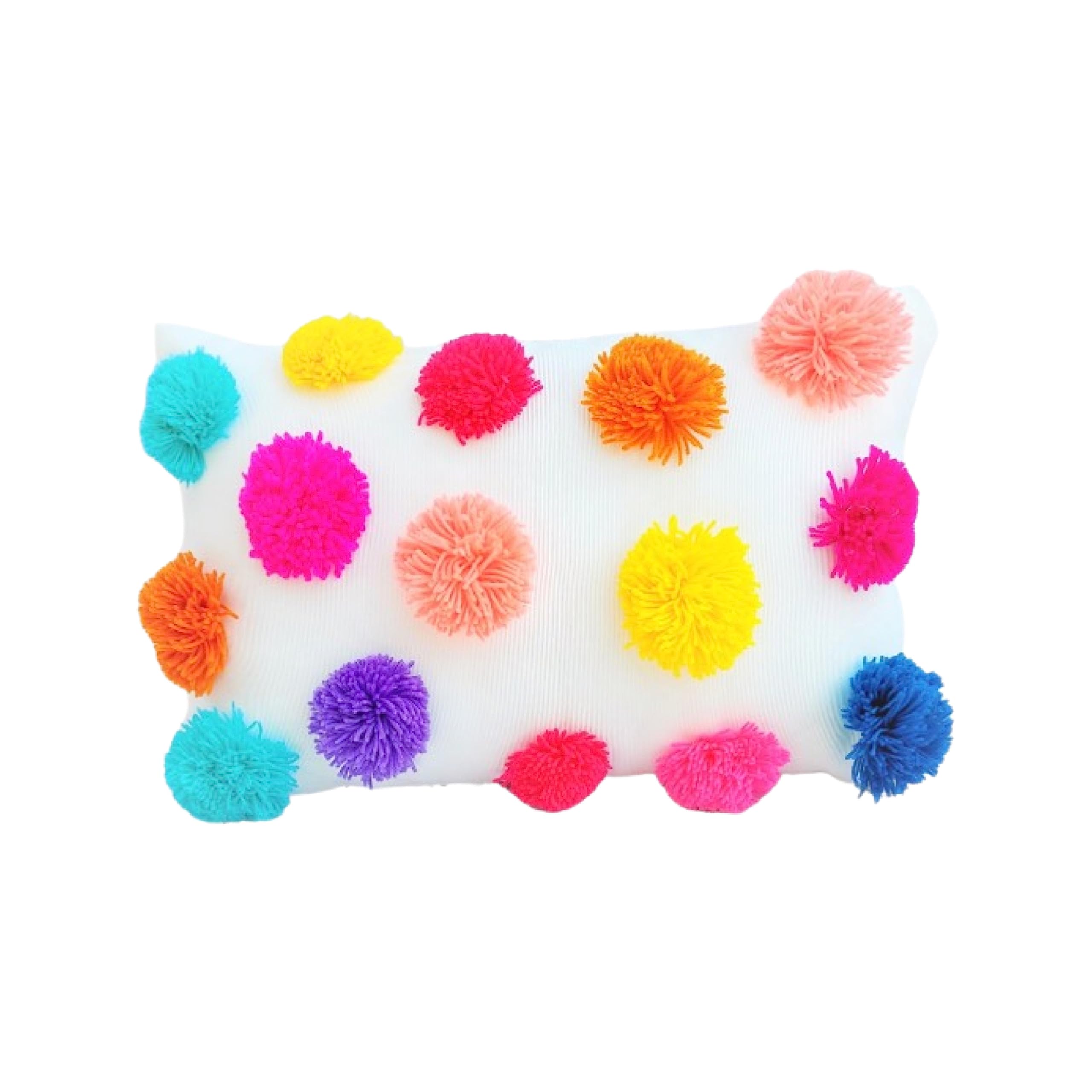 WWW.THROWPILLOW.IN Boho Chic White Rectangular Throw Pillow Cushion Cover with Multicolor Pom Poms - Decorative Accent for Couch, Bed (12x20)