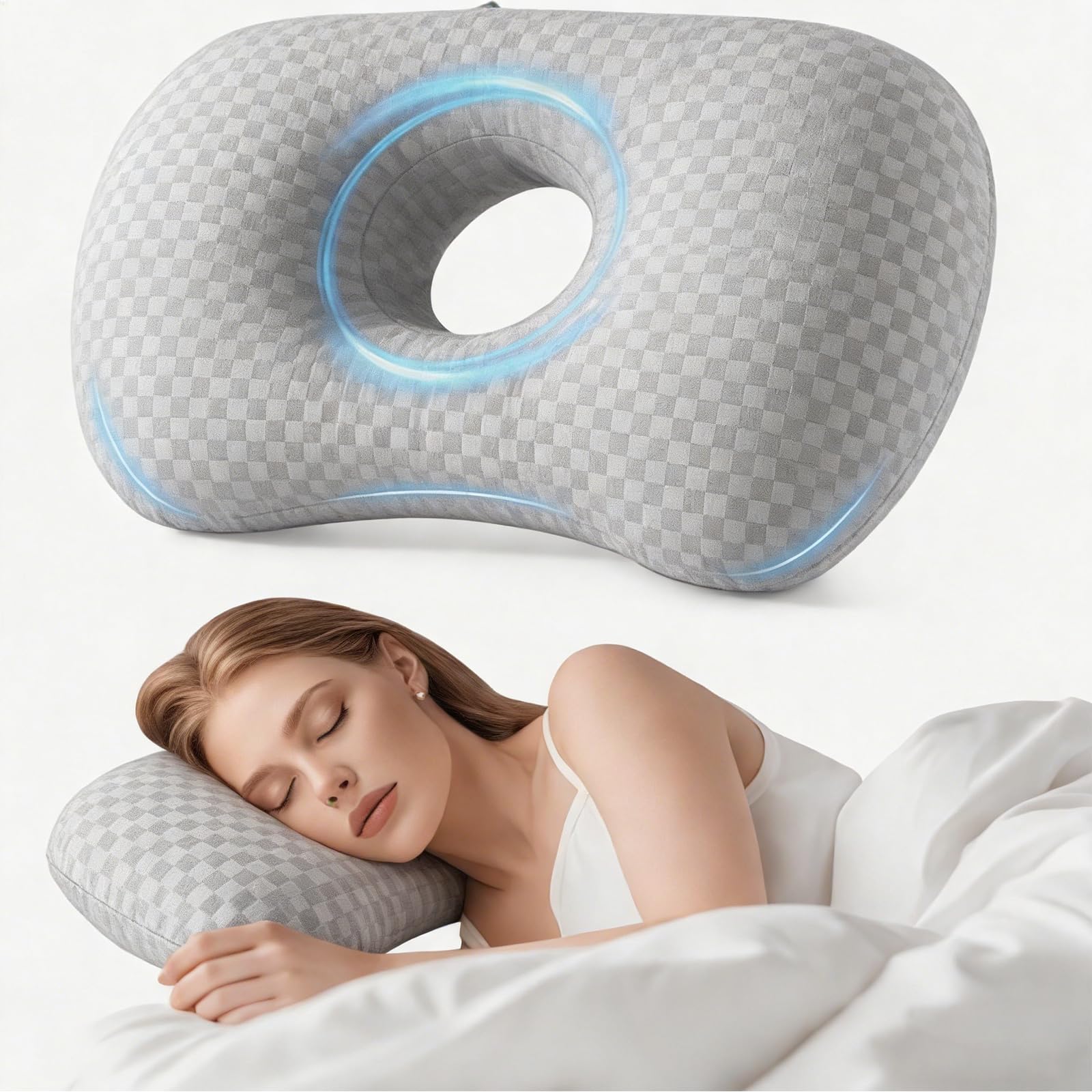SunYoda Ear Piercing Pillow with Ear Hole for Side Sleepers - Relief for Ear Pain, Inflammation & Pressure Sores, Washable Adjustable Side Sleeping Ear Guard Pillow (Gray)