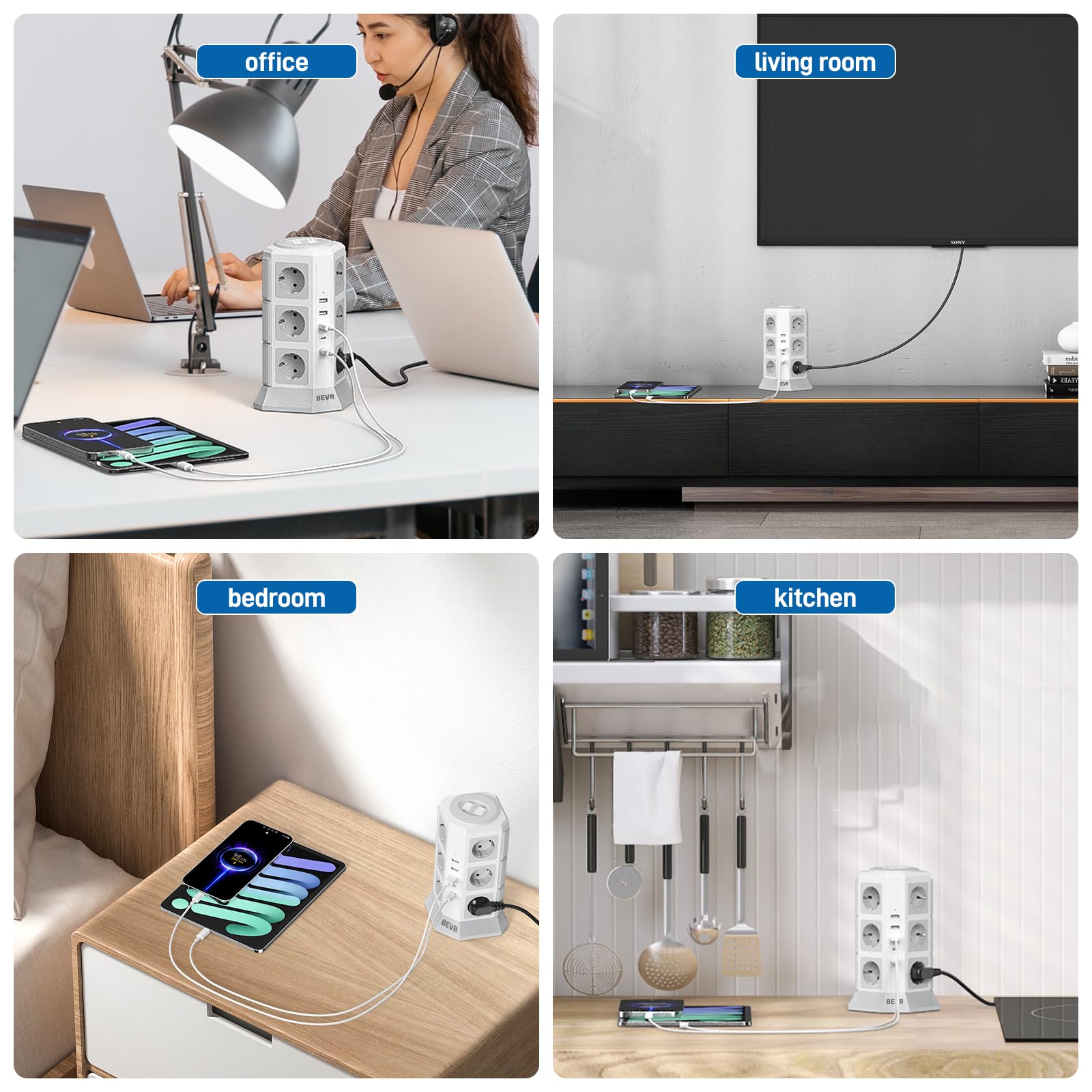BEVA Multipresa Ciabatta Elettrica, Multipresa Verticale con 5 Porte USB e 12 Prese AC, 2 Interruttori, Cortocircuito e Surge protezione (2500W / 10A), 2M Cavo (Bianca)