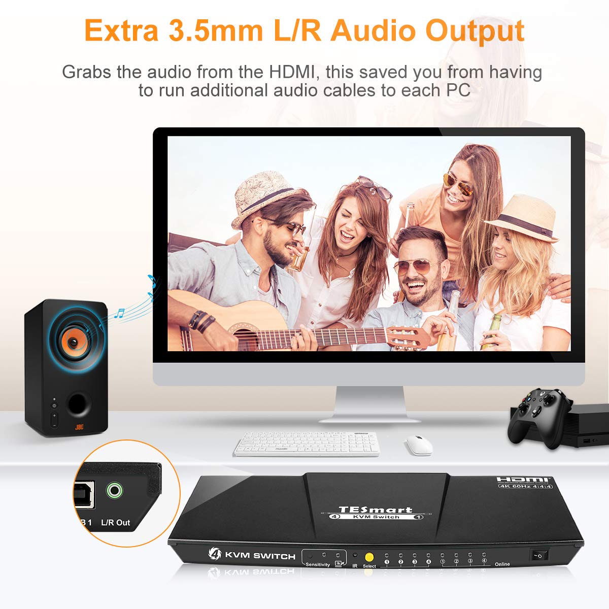 Review Discount TESmart 4-Port HDMI KVM Switch with 2 Pcs 5ft KVM Cables 3840x2160@60Hz 4:4:4 UHD Supports L/R Audio Output and USB 2.0 Device Control