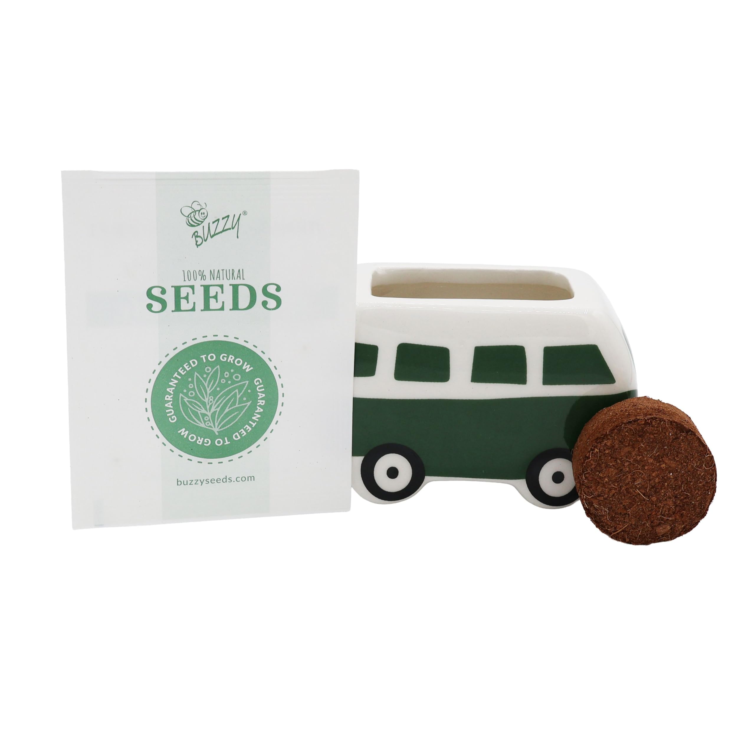BUZZY Samen-Mini-Blumenbus-Anbauset aus Keramik, 4 Stück, Bus-Keramik-Pflanzgefäß, komplettes Gartenset für drinnen und draußen, mit Samen, Kokosnussschalen-Wachstumsmedium und echten Töpfen