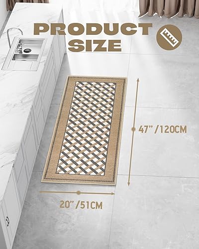 Miniatura 2 de Tapetes antideslizantes para suelo de cocina, lavable a máquina, a cuadros, lavables para una cocina elegante y cómoda (marrón a cuadros, 20