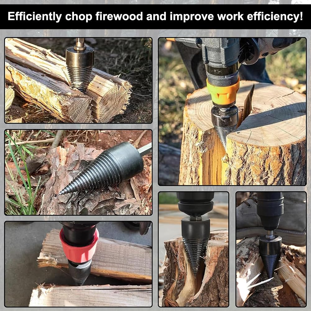 Taladro para madera partidor de madera, Removable Wood Splitter Drill Bits con 3 Asas de Taladro (Hex+Square+Round) Astilladora de Leña Electrica, Broca para Leña, Astilladora de Troncos Broca Cónica