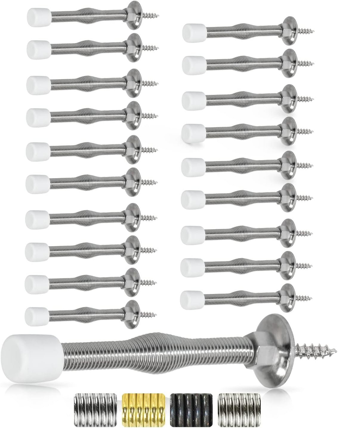 Jack N’ Drill Door Stopper (20 Pack) - 3” Light Duty Spring Door Stop with Flexible Spring and Non-Marking Tip, Screw in Door Stops with Finishes to Match Every Home and Office