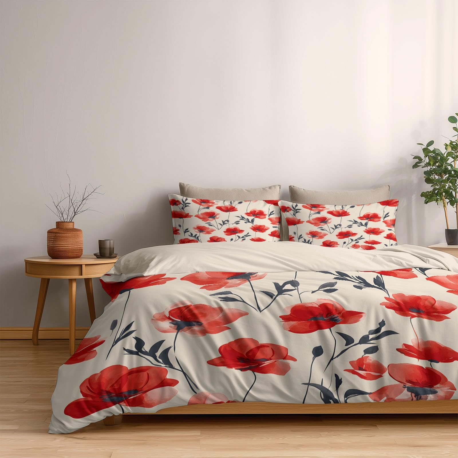 Generisch Nordischer Minimalismus 3-teiliges Bettwäsche-Set, 1 Bettbezug 240 x 220 cm und 2 Kissenbezüge 80 x 80 cm, Beige, Sommer Blumen, Pflegeleicht, Erwachsene, Schlafzimmer