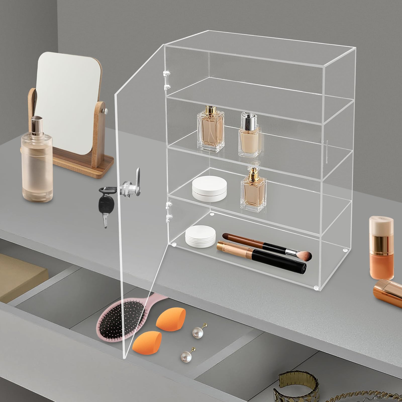 Vitrina de acrílico transparente con cerradura, 3/4 niveles, de acero inoxidable, con cerradura y 2 llaves, almohadillas antideslizantes para colección, oficina, mostrador de venta (Three Floors)