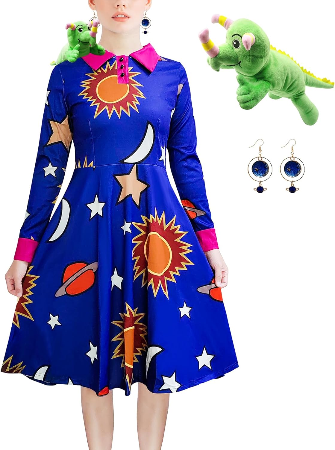 Halloween Women's Planets Stars Moon Solar System Dress Cosplay Costume A-Line Dress Bring lizard and earrings
