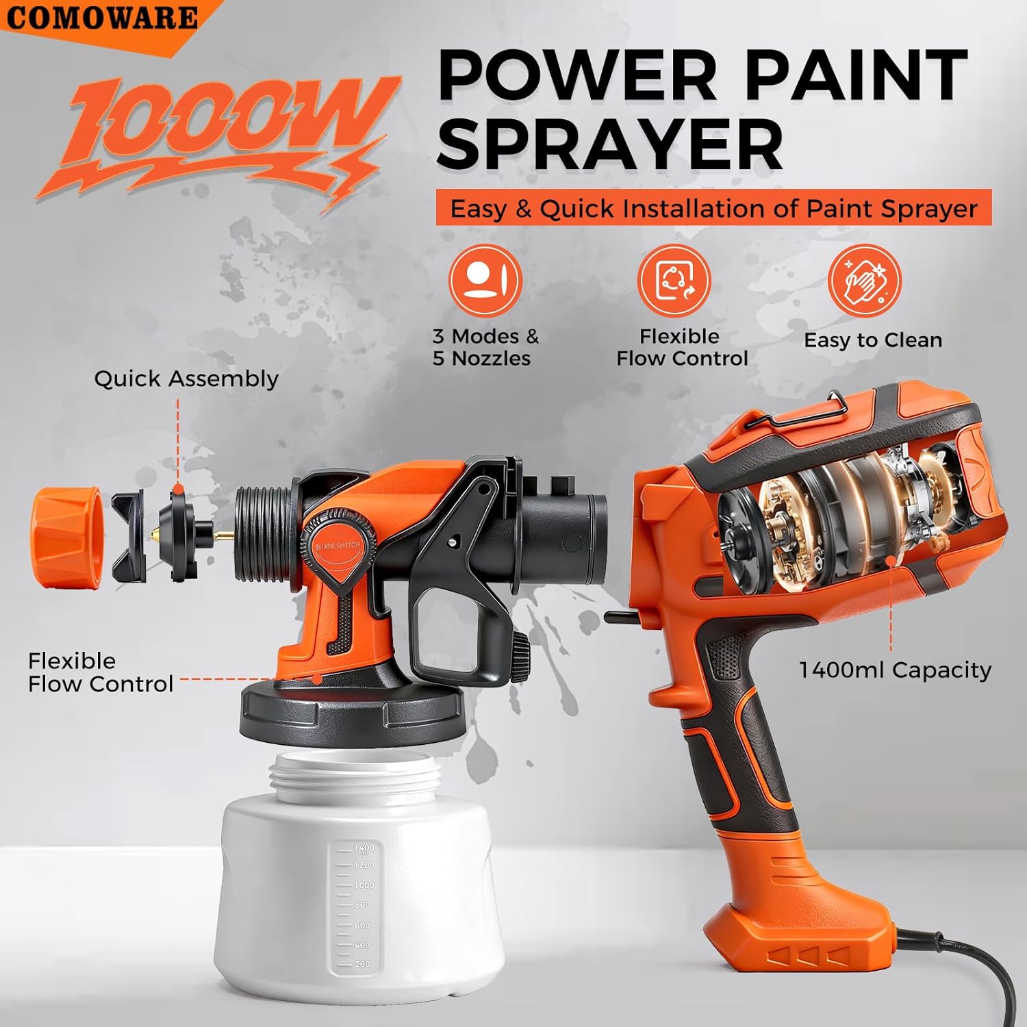 COMOWARE Paint Sprayer for House Painting, 1000W HVLP Sprayer Gun, Adjustable Flow, 5 Nozzles & 3 Patterns, 1400ml Detachable Container, Prayer for Furniture, Cabinets and DIY Project, etc