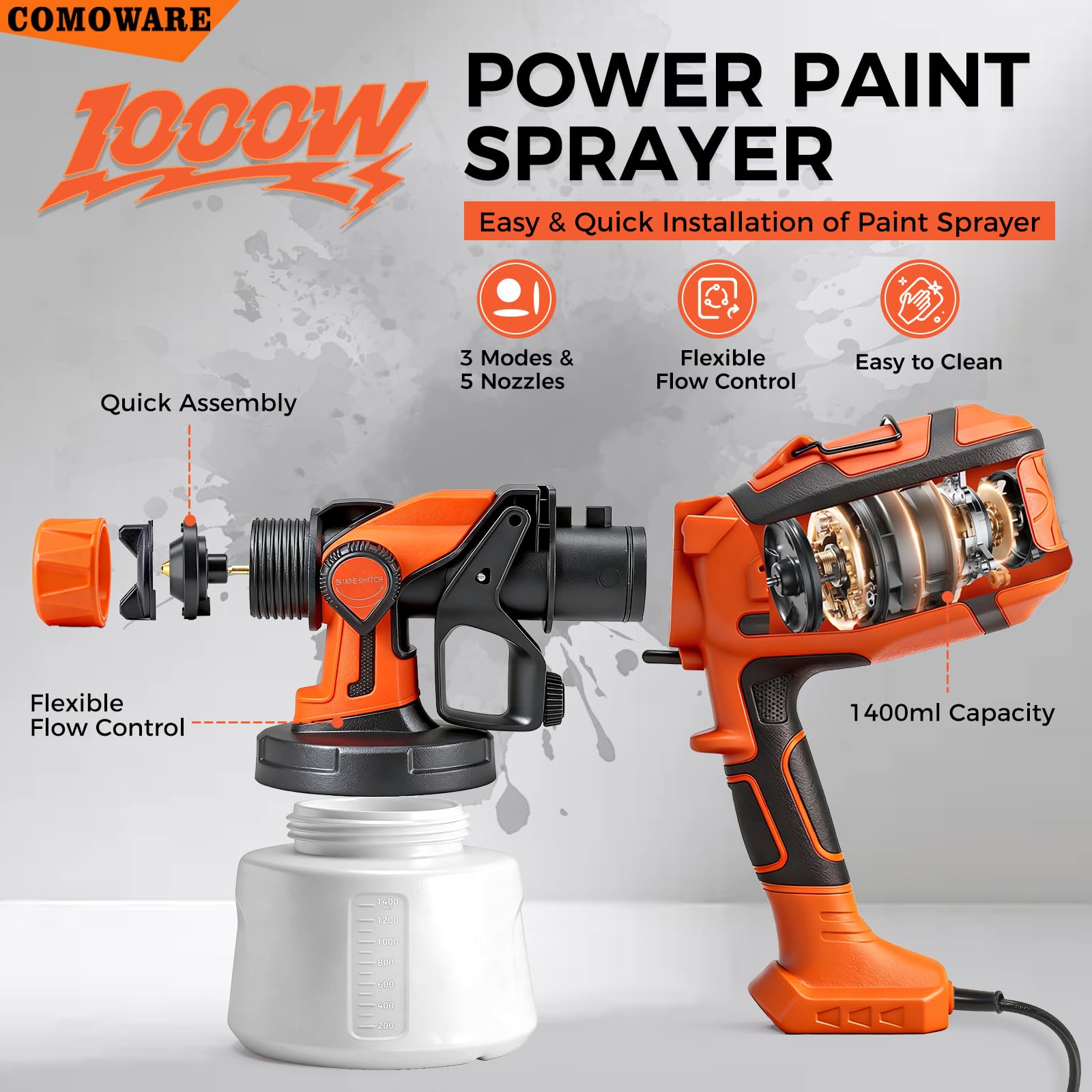 COMOWARE Pulverizador de pintura, pistola pulverizadora HVLP de 1000 W, flujo ajustable, 5 boquillas y 3 patrones, recipiente desmontable de 1400 ml, para muebles, armarios, vallas, paredes y
