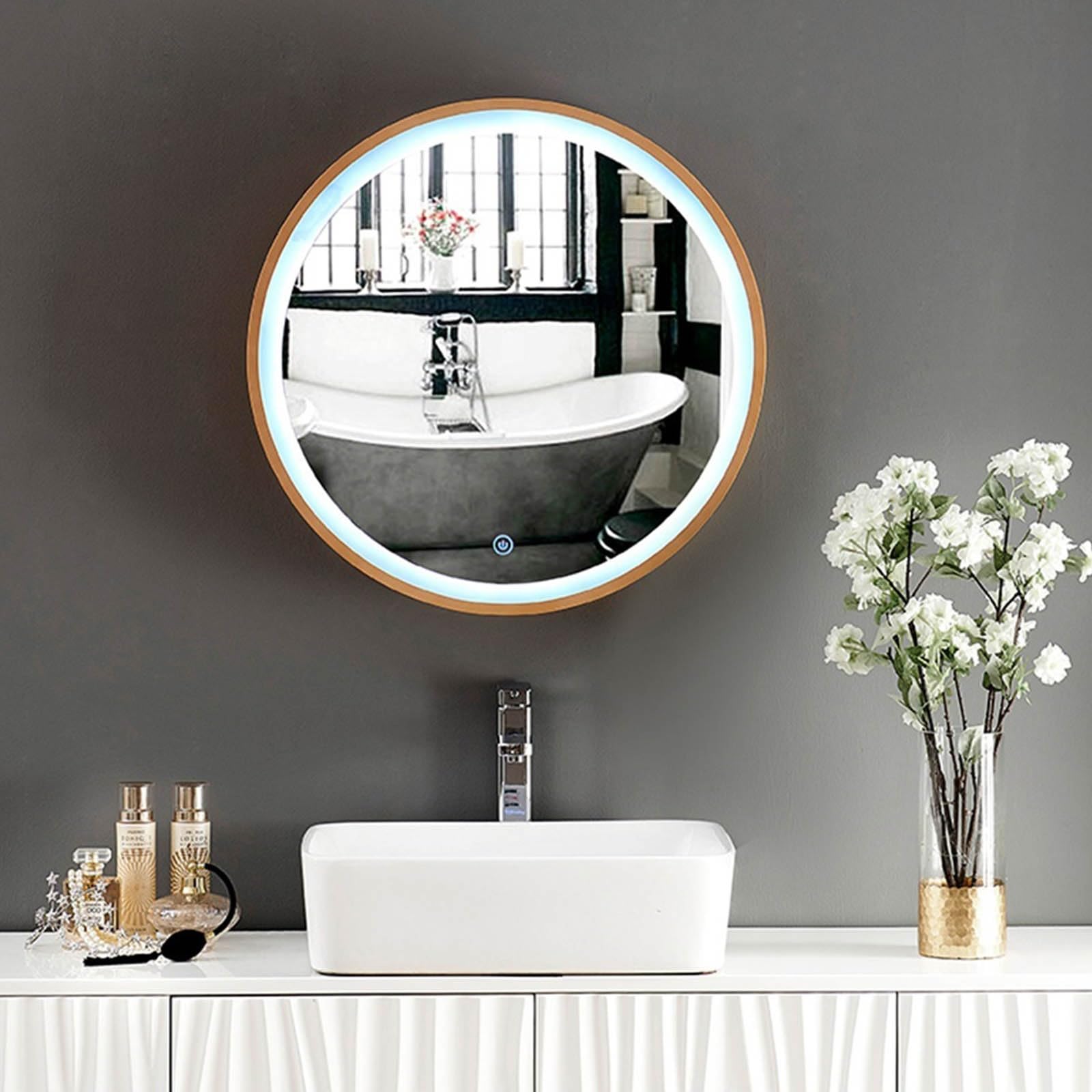 Meuble de salle de bain rond en bois massif avec miroir LED et bande lumineuse, meuble de rangement mural de 50,8 cm – Élégant et fonctionnel