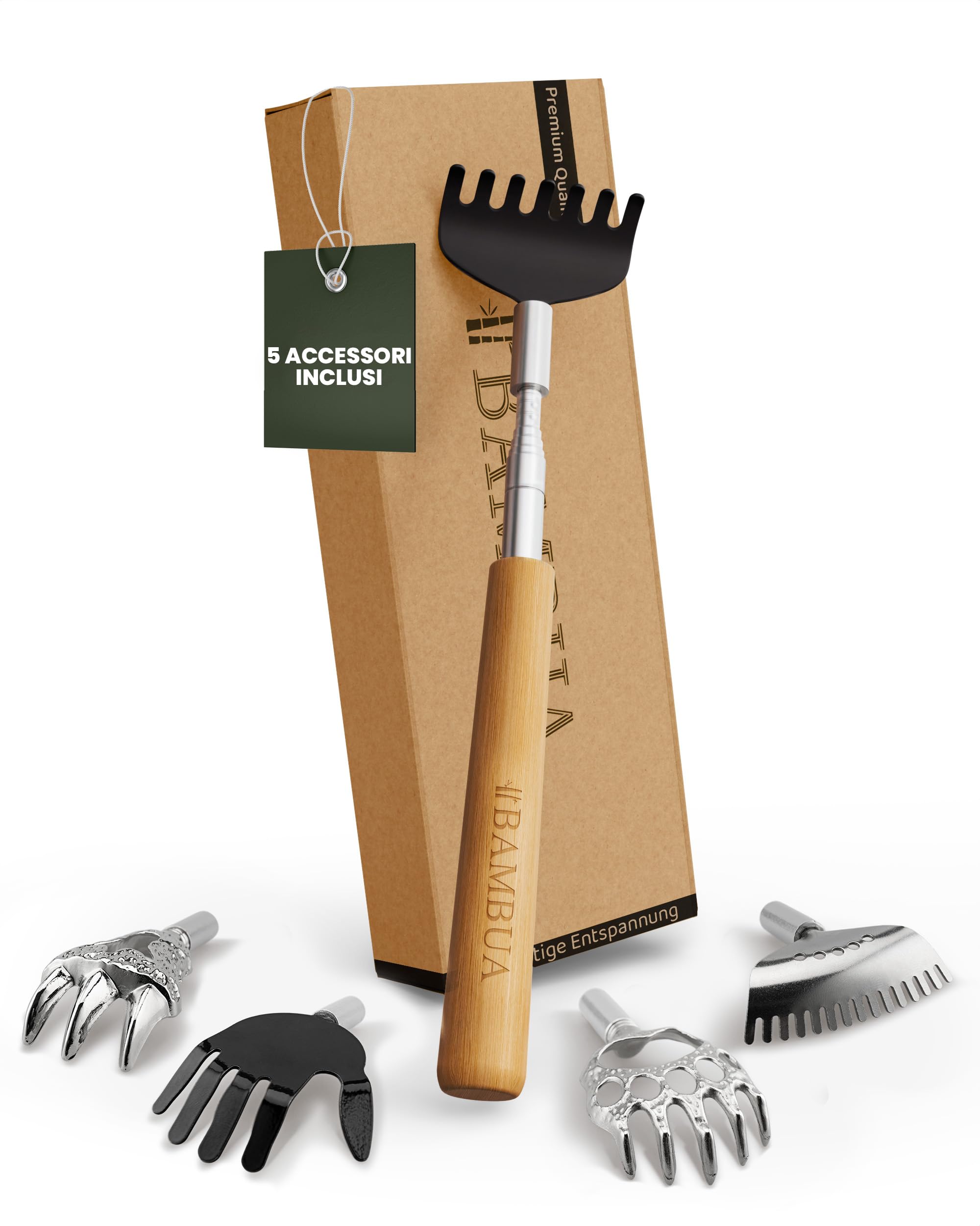 BAMBUA Manina Grattaschiena Allungabile - (Include 5 Accessori) Manico in Bambù - Per Sensazioni di Grattamento Soddisfacenti - Gratta Schiena Mano Allungabile - Grattino Schiena - Idea Regalo
