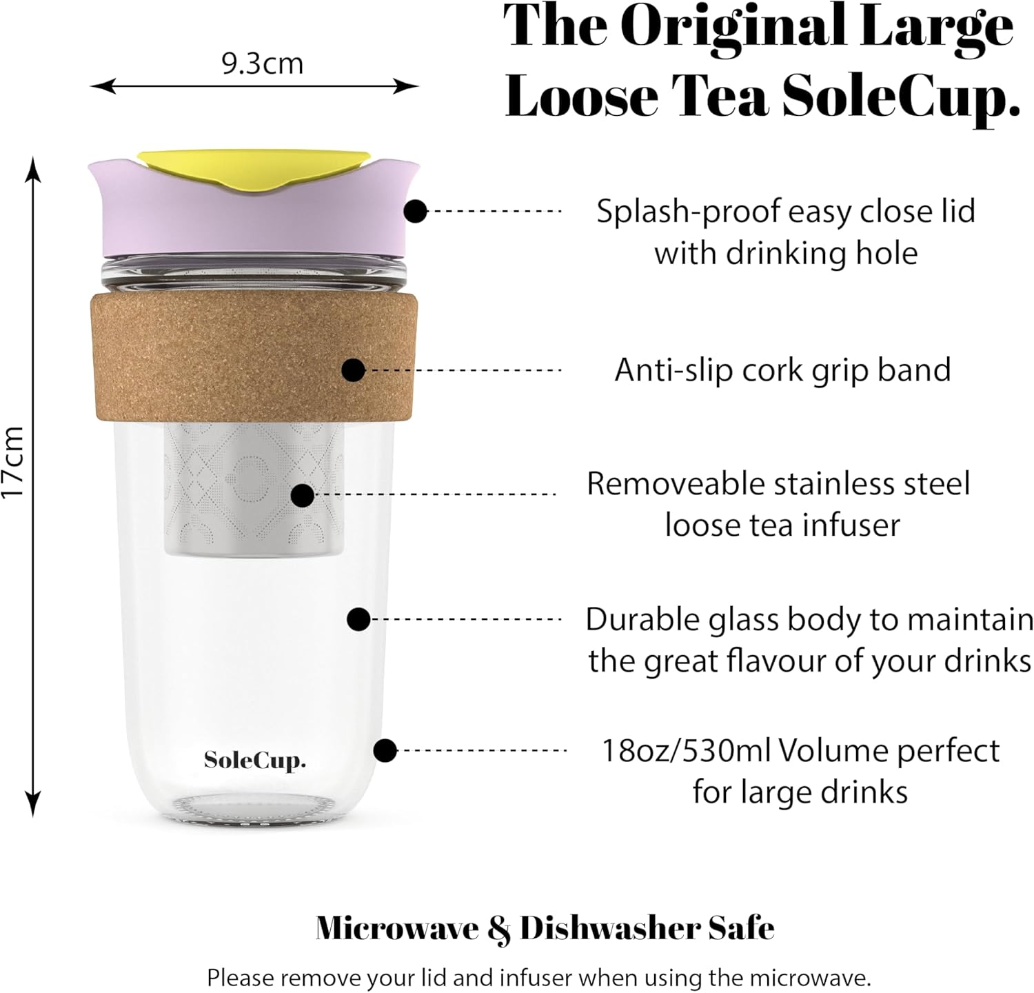 Large Travel Mug Loose Tea Infuser - Detachable Tea Strainer with Spill Proof Lid - 18oz/530ml BPA-Free Reusable Glass Travel Coffee Cup with Cork Band (Ice Cream, 18oz) - Image 2