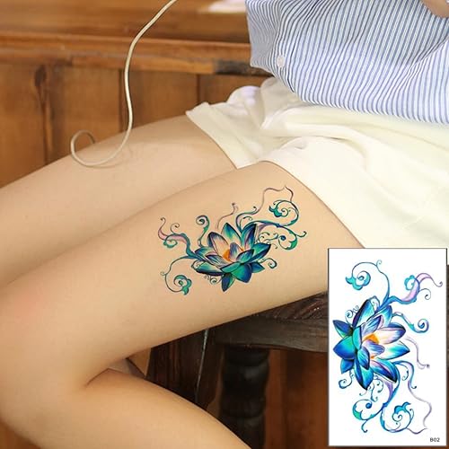 Miniatura 4 de Tatuajes temporales de flores sexys, 20 hojas, flores grandes, mariposa, encaje, ombligo, busto, estómago, glúteos, piernas, brazos, espalda baja,