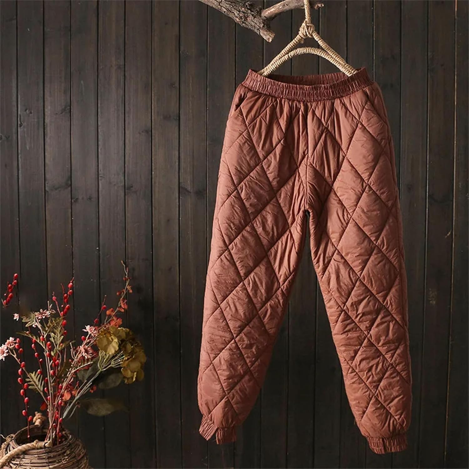 Womens Winter Warm Down Cotton Pants Tapered Wide Leg Quilted Snow Ski Pants Thermal Puffer Trousers with Pockets