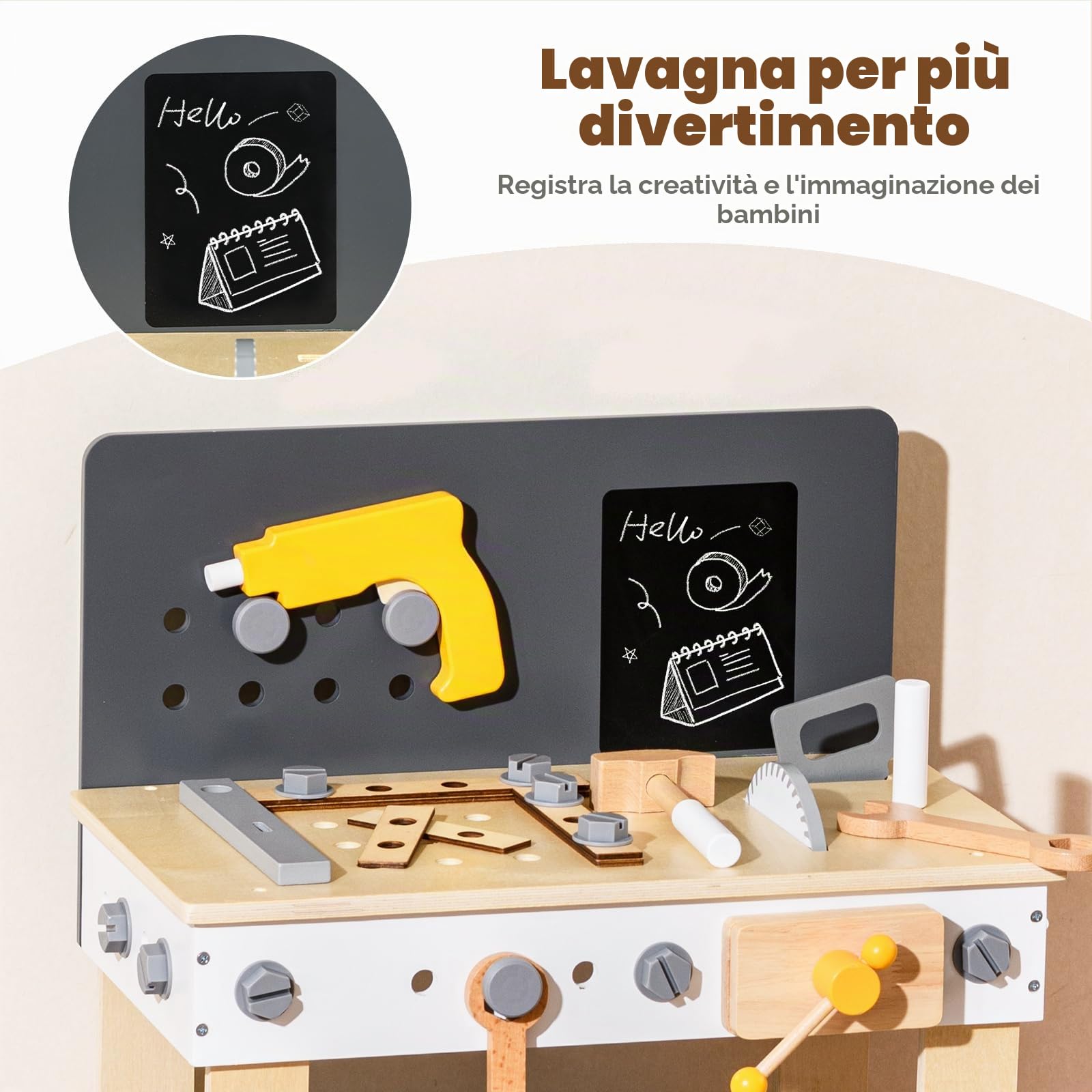 HOMASIS Banco da Lavoro per Bambini in Legno, Banchetto da Lavoro con 50 Accessori, Lavagna, Piano di Lavoro, Ripiano Inferiore, Tavolo Banco Attrezzi Bambino dai 3+ Anni, 51 x 28 x 72 cm