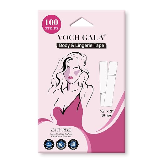 VOCH GALA Double Sided Tape for Clothes & Fashion, 100 Strips | Secure Hold, PE Easy Peel, Less Residue on Delicate Fabrics, Hypoallergenic for Sensitive Skin, 100 Pre-Cut Strips
