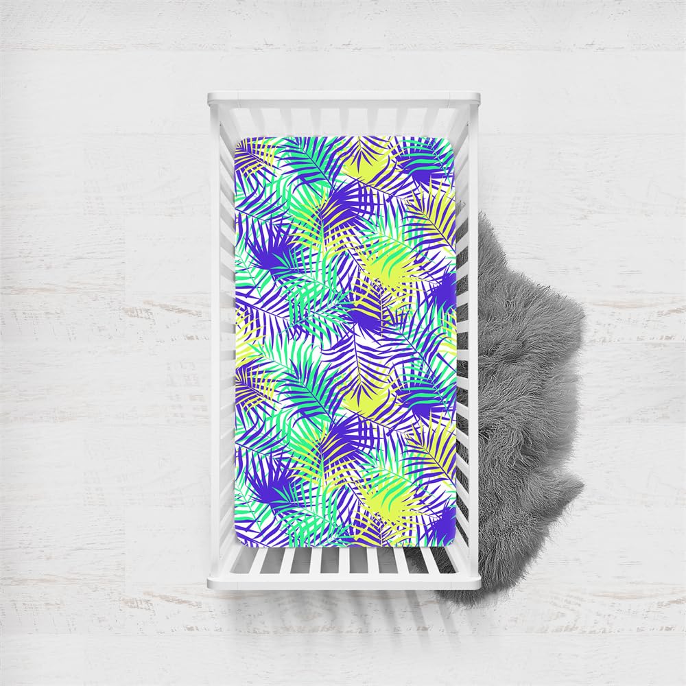 Odot Cot Bed Fitted Sheets, Toddler & Baby Bed Sheets, Tropical Palm Leaf Print Microfiber Mattress Protector Cozy Lightweight Bedside Cribs Bassinet Sheets for Boys Girls (Purple,45x90cm)
