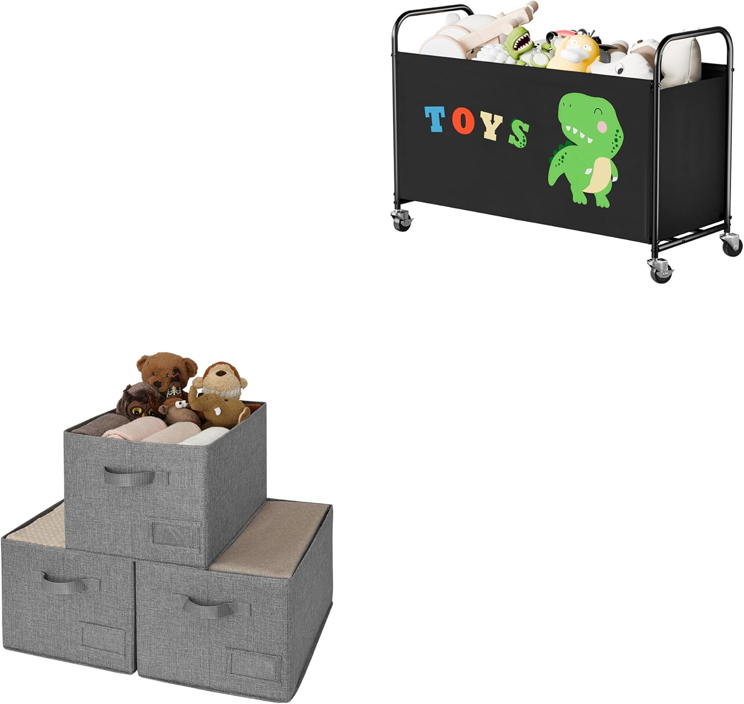 GRANNY SAYS Bundle of 1-Pack Black Toy Box with Wheels for Boys Girls & 3-Pack Dark Gray Fabric Bins with Label Holder