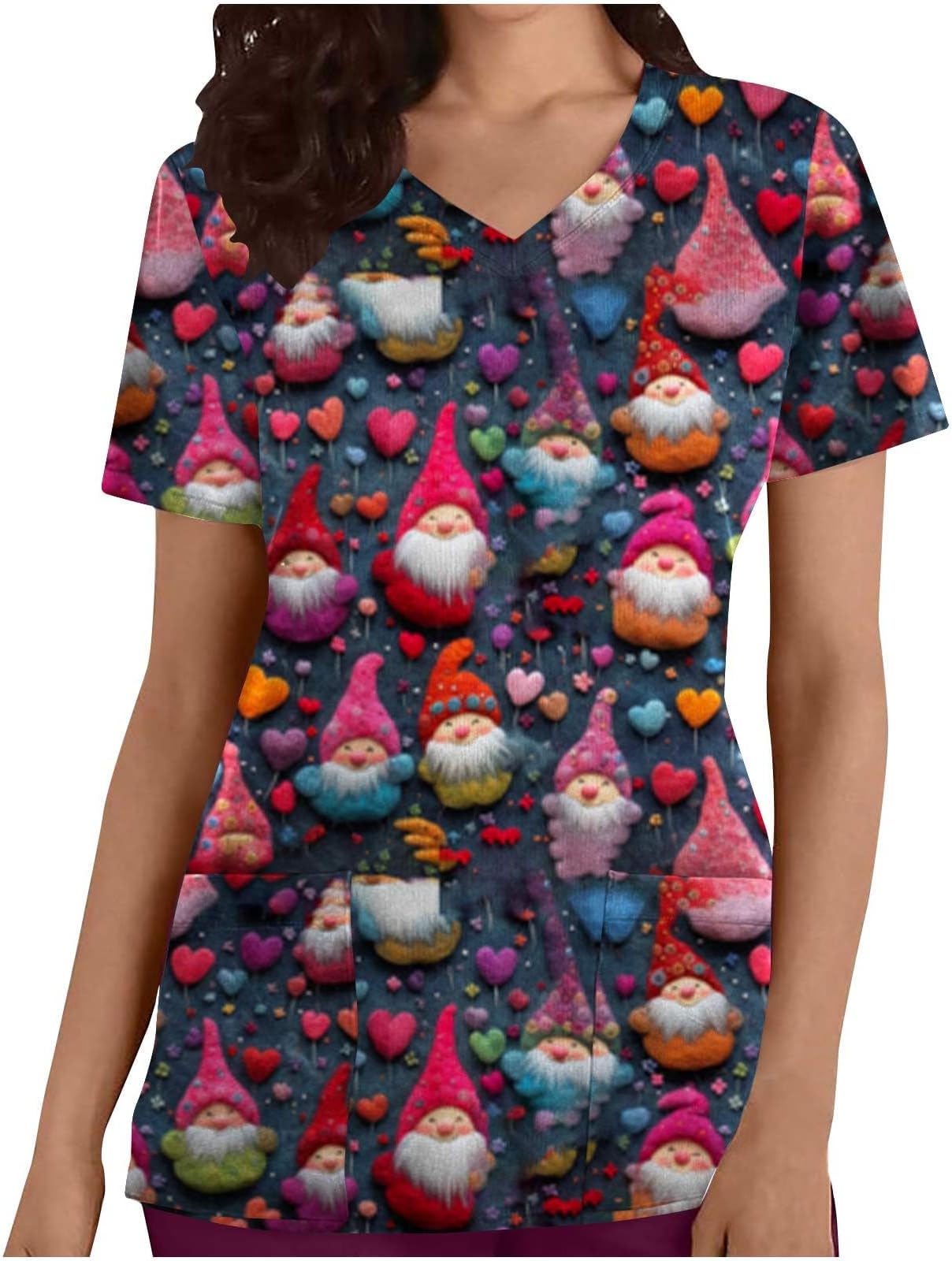 oelaioValentines Day Women's Nurse Uniform Daily Stretch V Neck Scrub Top Short Sleeve Casual 3D Love Heart Print Scrubs