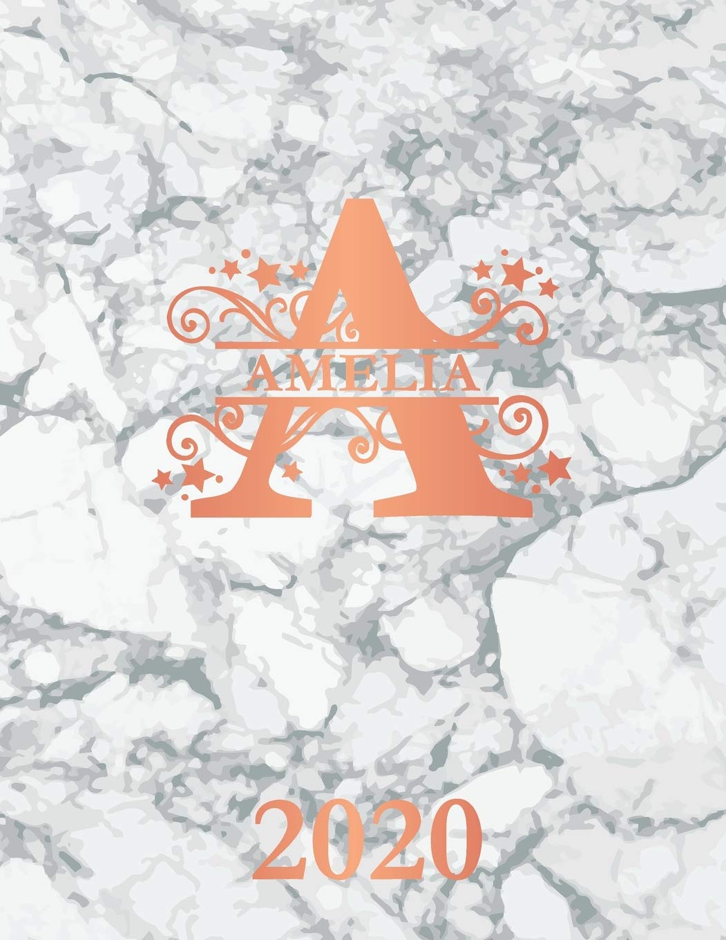 Amelia: 2020. Personalized Name Weekly Planner 2020. Monogram Letter A Notebook Diary. White Marble & Rose Gold Cover. Datebook Calendar Schedule
