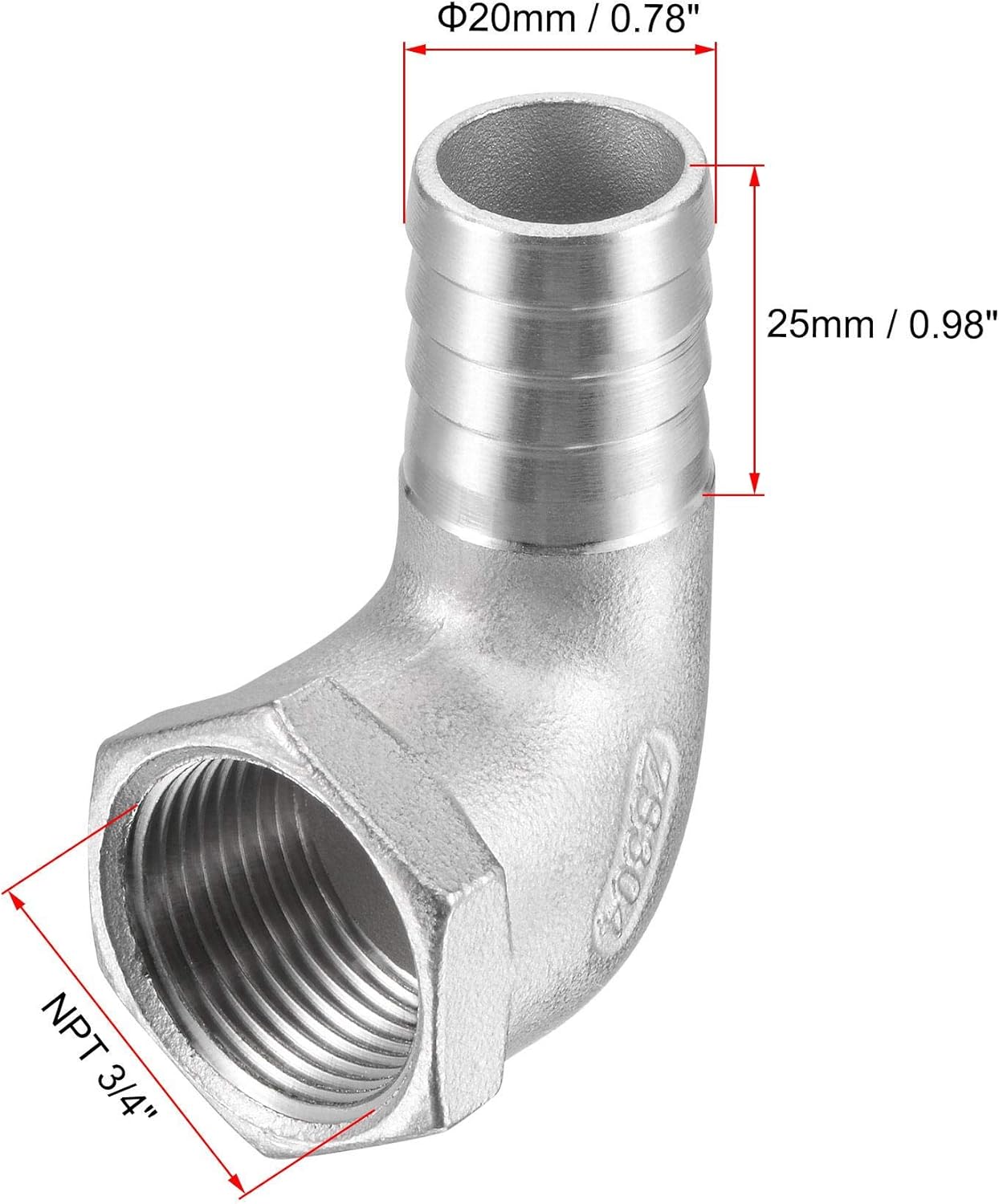 sourcing map 304 Stainless Steel Hose Barb Fitting Elbow, 20mm Barbed x 3/4" NPT Female Pipe Connector Adapter for Water Fuel Air - Image 3
