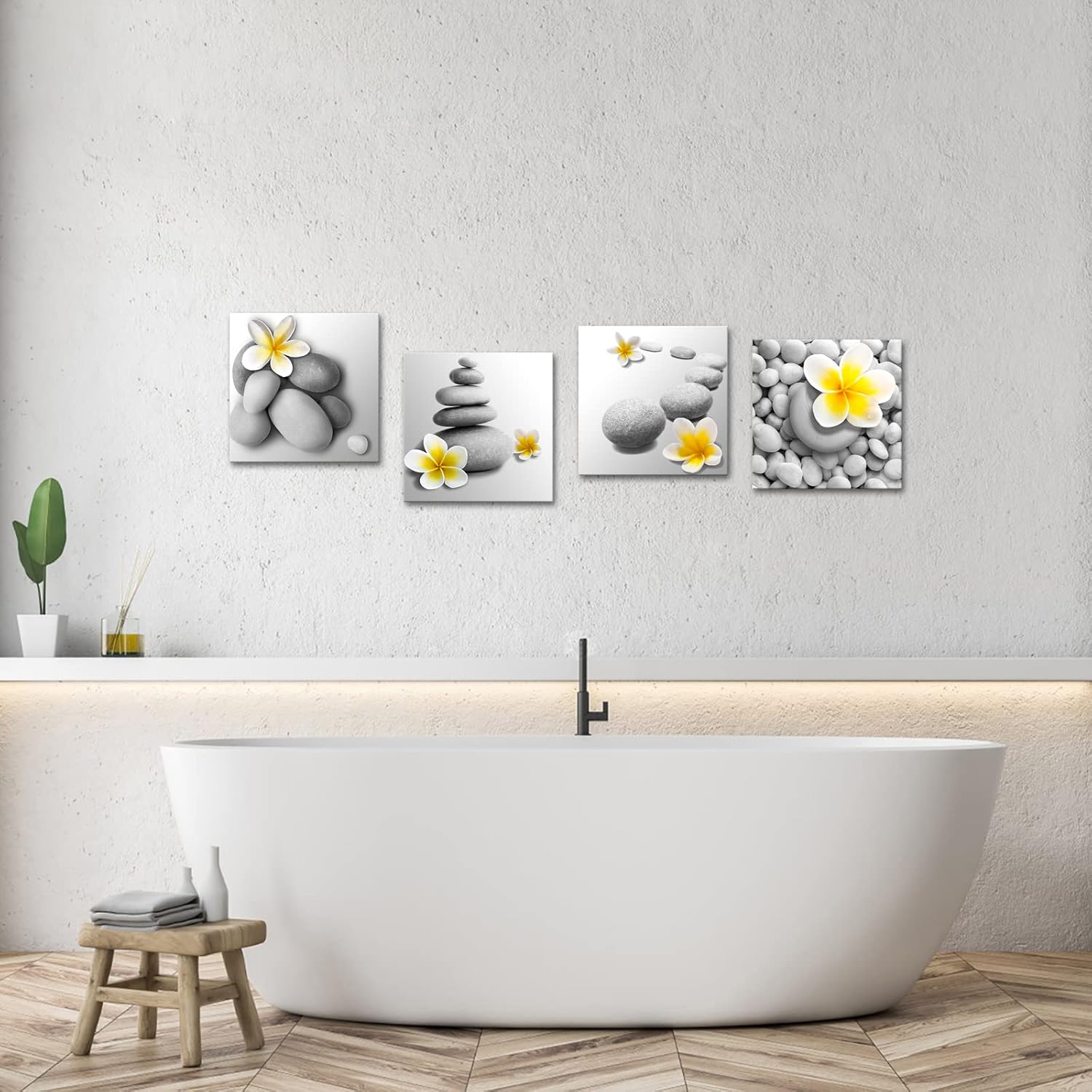 VANSEEING 4 Panels Modern Yellow Gray Bathroom Wall Art Decor Zen Flowers and Pebble Stone Pictures Canvas Print Framed Ready to Hang Spa Room Decoration 12x12inchx4pcs (Small, Yellow)