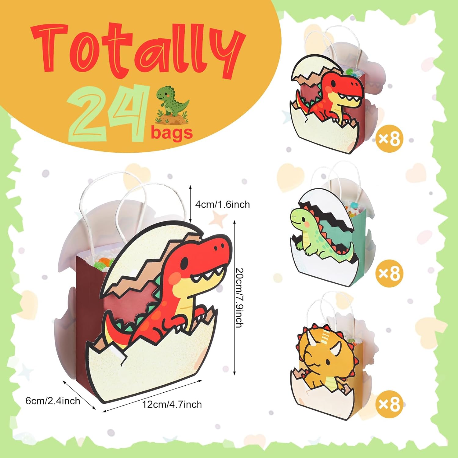 Tosstuki 24 Pcs Dinosaur Party Favor Bags 3D Dinosaur Birthday Gift Goodie Bags with Handles Little Dino Treat Paper Bag for Candy Dino Themed Birthday Party Decorations Supplies - Image 2